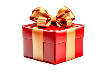 Rote Geschenkbox mit einer festlichen goldenen Schleife, freigestellt vor weissem Hintergrund, Generative AI