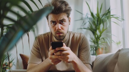 A man with a serious expression concentrates on a message on his phone, surrounded by lush indoor plants that offer a calming contrast.
