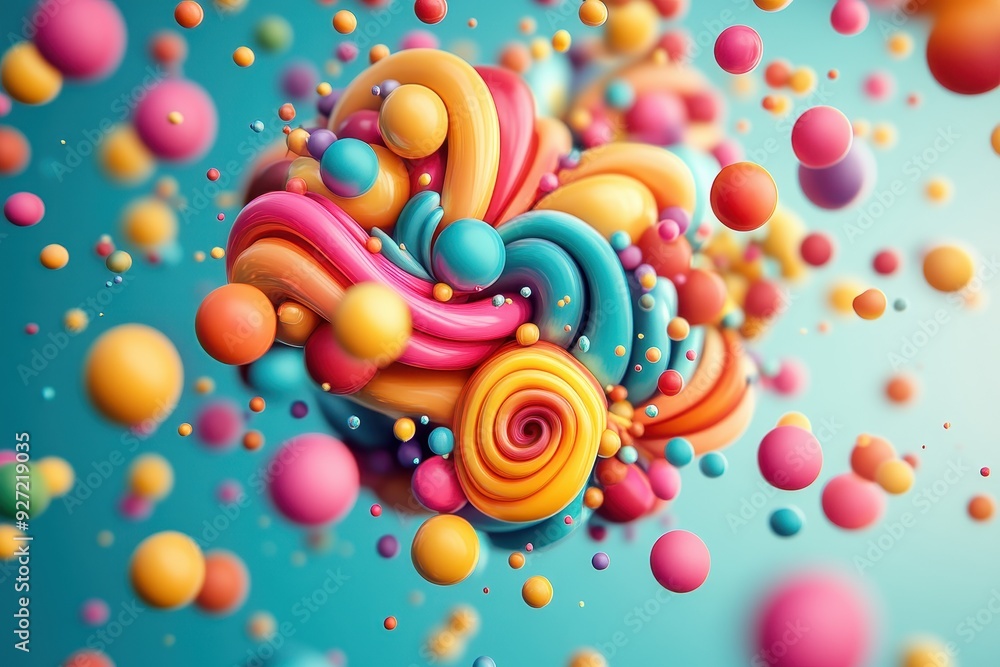 Poster colorful abstract ing of swirling shapes and floating spheres, creating a vibrant, dynamic, and ener