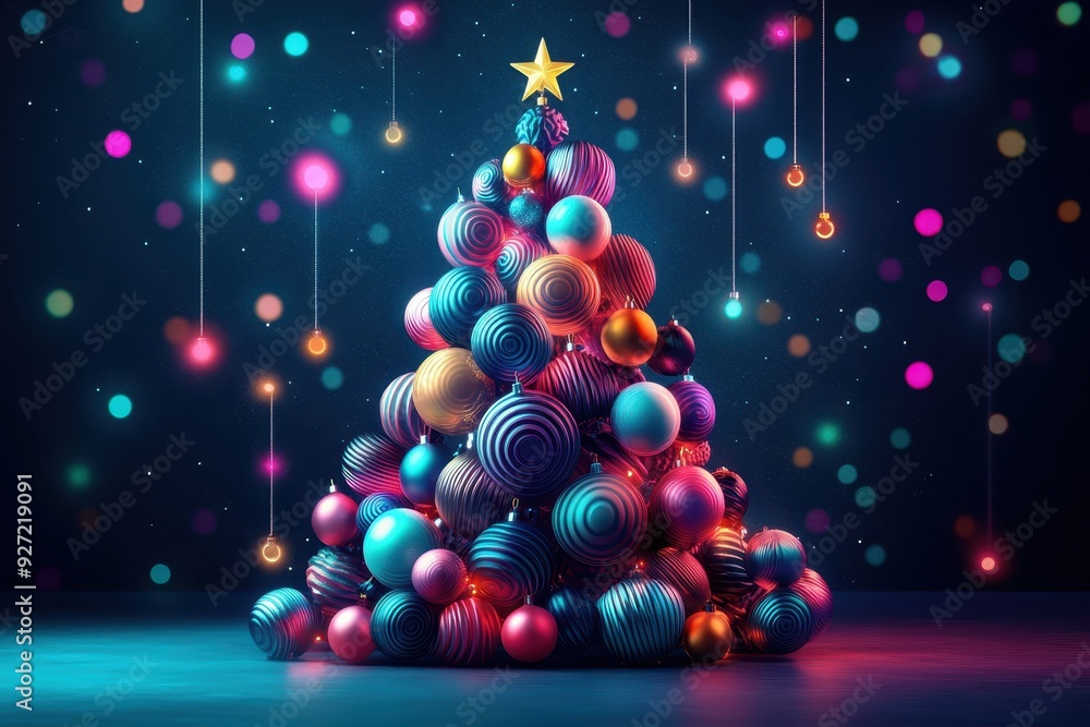 Poster colorful abstract christmas tree made of baubles with glowing lights in the background, creating a f