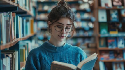 A young woman immersed in a book stands in a warm, inviting library nook, surrounded by shelves filled with books, encapsulating a moment of scholarly absorption.