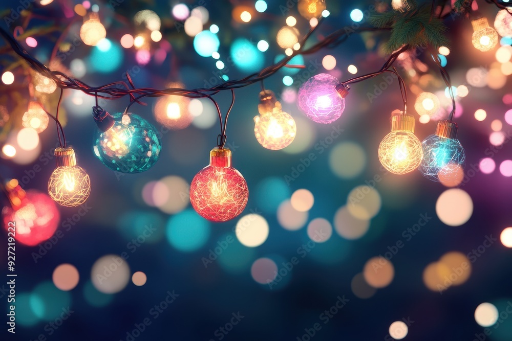 Aufkleber Colorful string lights glowing against a bokeh backdrop, creating a festive and dreamy atmosphere perfect for celebrations and holidays.