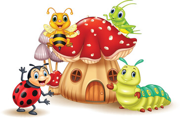 cute insect cartoon illustration with mushroom house