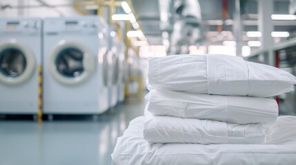 A pile of freshly laundered white sheets sits in the foreground of a commercial laundry facility, exemplifying cleanliness and industrial efficiency.