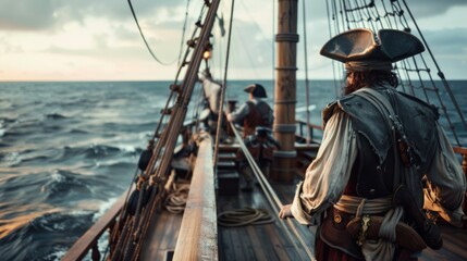 A pirate stands on the deck of a ship looking out towards the ocean at sunset, depicting a moment of introspection and the adventurous life on the high seas.