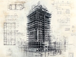 Detailed blueprint of a skyscraper s steel skeleton, focusing on the structural integrity and foundational engineering Skeleton Blueprint, Skyscraper project