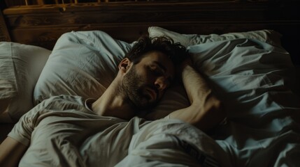 Obraz premium A man peacefully sleeps in a dimly lit room, with soft light casting gentle shadows around.