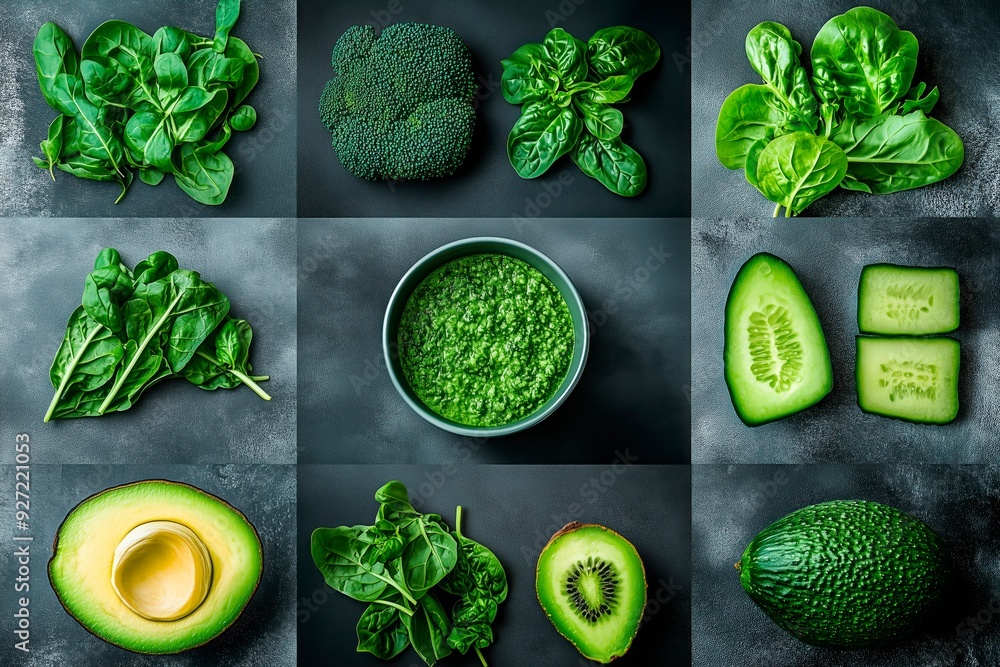 Wall mural fresh green ingredients arranged on a dark surface, featuring spinach, broccoli, cucumber, avocado, 