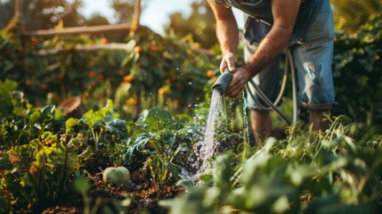 Man watering a diverse vegetable garden, illuminated by natural sunlight, depicting an act of care and cultivation.