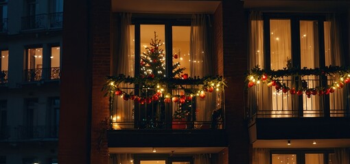 Stylish christmas decorations, red jingle bells, lights, fir branches with ornaments on balcony