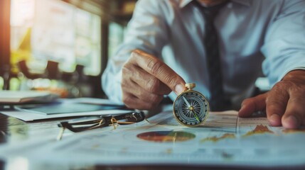 A businessman closely examines a compass on a desk filled with charts and graphs, suggesting strategic planning and decision-making in a corporate setting.