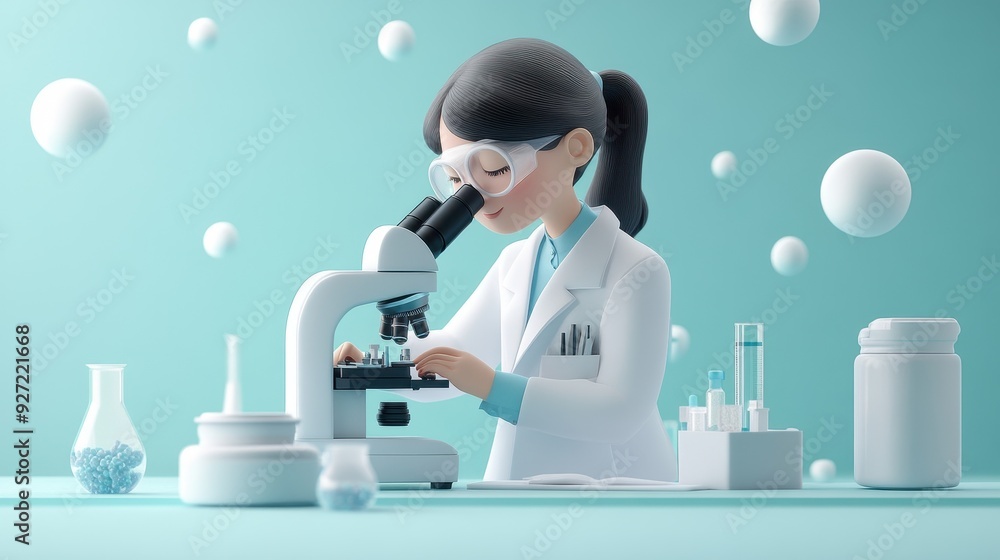 Poster modern scientist conducting research with microscope in laboratory setting - 3d illustration for bio