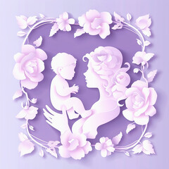 Papercut Illustration of a Mother Holding Her Child Surrounded by Flowers