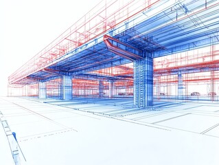 Obraz premium Conceptual blueprint of a multilevel parking structure, with a focus on the patterned assembly of ramps and support beams Infrastructure Pattern Assembly, Parking structure
