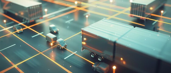 A futuristic diorama of a cityscape, illuminated by digital neon lights, showcases tiny cars and trucks navigating through a network of glowing lines.