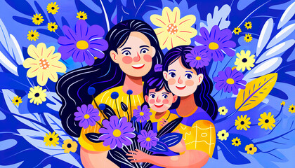 A mother and her two children surrounded by flowers