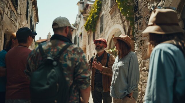 A group of tourists listens intently to a guide during a walking tour in a charming old town, capturing the essence of exploration and cultural discovery.