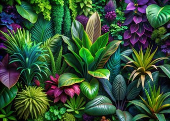 Botanical Symphony, Verdant Vision: Green, purple, lush foliage, abstract plant forms