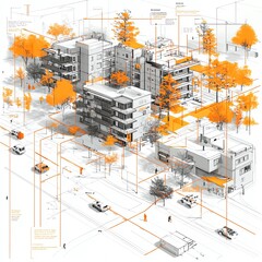 Schematic of an emergency evacuation route assembly, illustrating the patterned layout of escape routes and infrastructure Infrastructure Pattern Assembly, Evacuation route design
