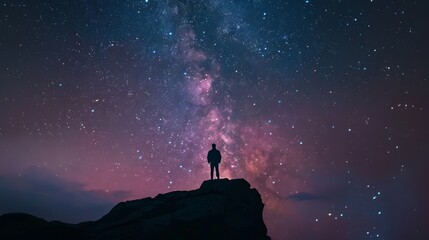 Fototapeta premium A lone individual stands on a rocky cliff, gazing up at the vibrant, star-filled night sky, deeply immersed in the wonders of the universe.