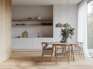 Minimalist dining room with a functional table and chairs, designed for versatility and simplicity Minimalist Functional, Versatile dining room