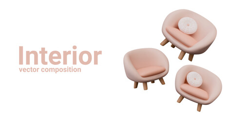 Realistic armchair with upholstery. Modern soft furniture for stylish interior