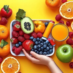 Healthy Fruit and Veggie Snack on a Yellow Background