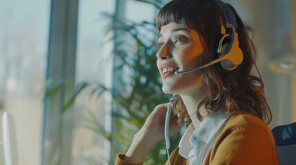 Headset-clad woman gazes optimistically out the window in a sunlit office, embodying focus and professionalism amid a leafy, serene workspace.