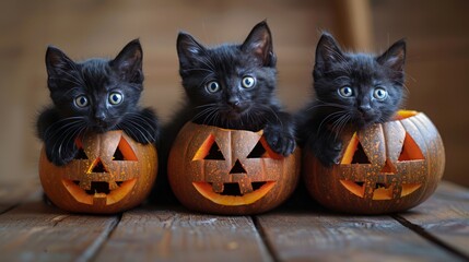 Three black kittens are sitting inside carved pumpkins with halloween lantern
