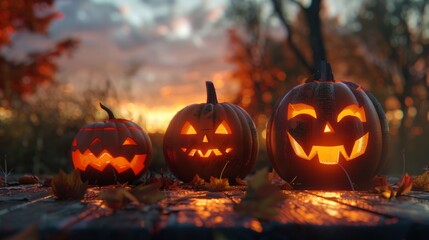 Three Jack-o'-lanterns of varying sizes are sitting on a wooden surface at sunset