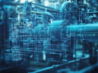Fototapeta premium Conceptual blueprint of a machinery network, where interconnected machines communicate to optimize the entire production process Innovative Machinery, Machinery network