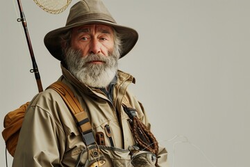 Fototapeta premium A seasoned fly fisherman wearing a brown hat, a tan jacket, and a fishing vest, stands ready with his rod, net, and fly line.