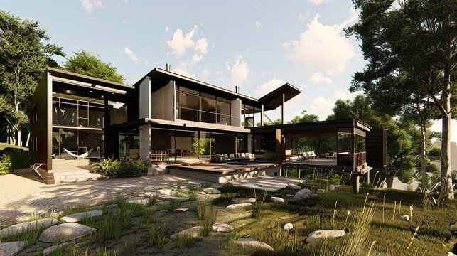 Modern house with large windows and a patio overlooking a lush green landscape.