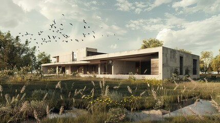 Fototapeta premium Modern house with large windows and a pond in front.