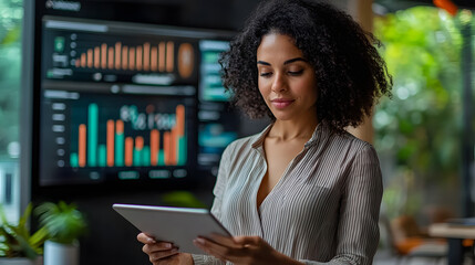 Female data analyst reviewing business profit graphs. Concept: leader, investor