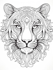 Fototapeta premium Intricate black and white tiger face illustration with ornate, decorative patterns