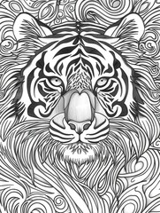 Fototapeta premium Tiger head in black and white with intricate patterns, forming a detailed mandala design and surrounded by floral elements