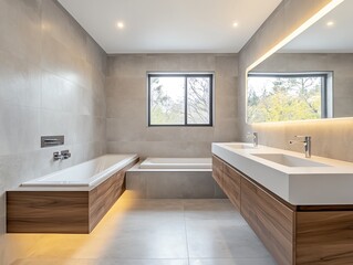 Minimalist bathroom with a floating vanity, focusing on functional design and a sleek, modern look Minimalist Functional, Floating vanity bathroom