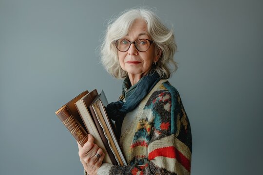A senior woman with gray hair and glasses holds a stack of books in front of a gray background.
