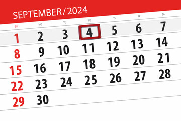 Fototapeta premium Calendar 2024, deadline, day, month, page, organizer, date, September, wednesday, number 4