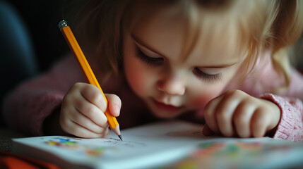 A little girl is writing with a pencil on a piece of paper