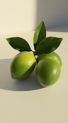 Three green lemons are sitting on a white table