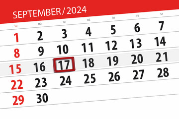 Fototapeta premium Calendar 2024, deadline, day, month, page, organizer, date, September, tuesday, number 17