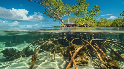 Fototapeta premium A tranquil mangrove forest with roots submerged in clear water, reflecting the sky above and showcasing the ecosystem's rich biodiversity.