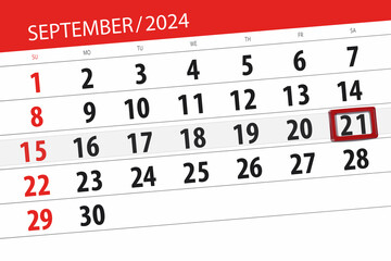 Fototapeta premium Calendar 2024, deadline, day, month, page, organizer, date, September, saturday, number 21