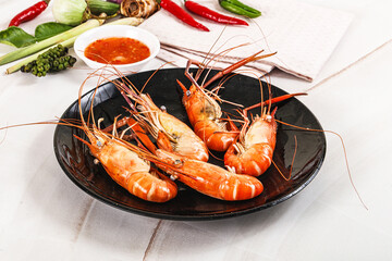 Boiled tiger prawn with sauce