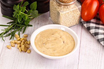 Delicious walnut creamy sauce in the bowl