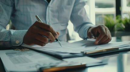 A person meticulously filling out paperwork at a desk, symbolizing attention to detail, documentation, and diligence in a professional setting.