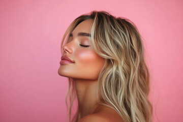 Naklejka premium A close up of a woman's face with her eyes closed and long blond hair