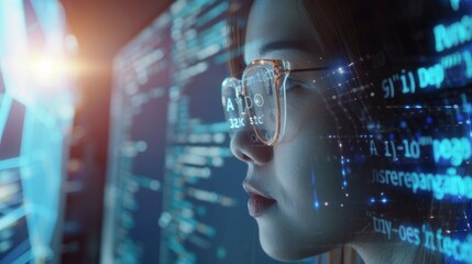 A woman gazes thoughtfully at data displayed on multiple screens, her reflection merging with digital codes, capturing the intersection of technology and contemplation.